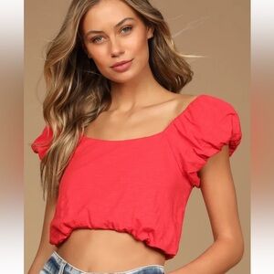 Lulu’s Feelin' Sweet Coral Red Puff Sleeve Crop Top